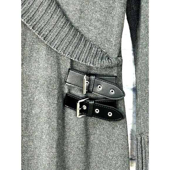 Michael Kors Women Sz L Gray Faux Wrap Sweater Dress Buckle Cowl Neck Ribbed T4 - Picture 10 of 12